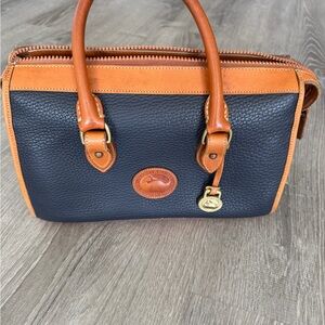 Vintage 1980s Dooney & Bourke Navy and Tan Leather Satchel- great condition!